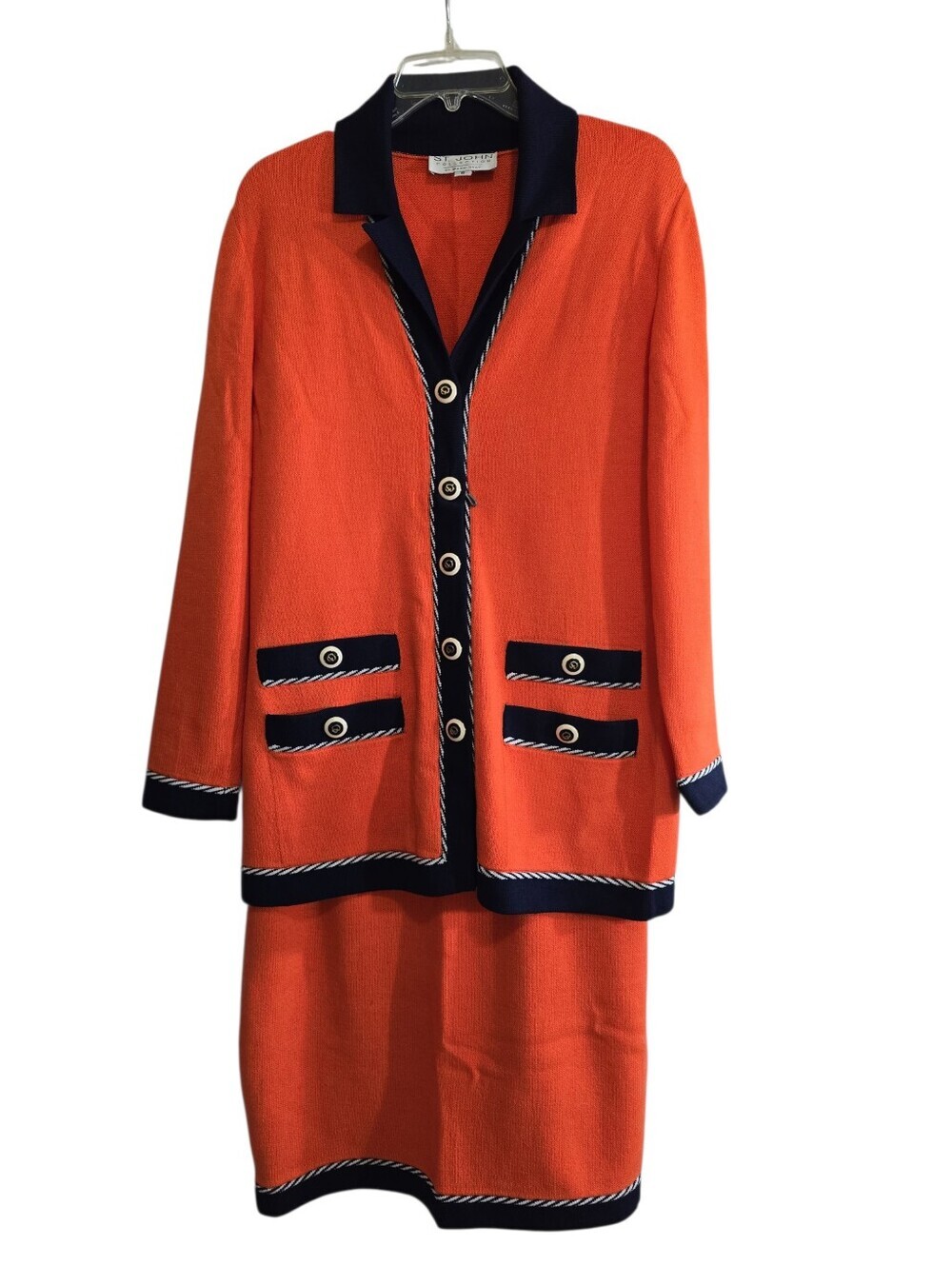 St. John Collection Vibrant 2-piece Cardigan Skirt Set Santana Knit Orange Navy - Picture 2 of 8